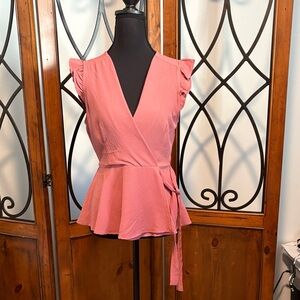 Monteau Rose Pink Wrap Look Peplum Blouse